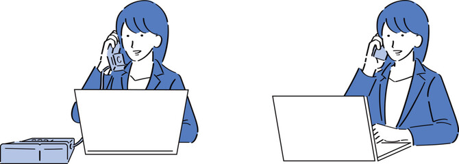 PCを操作しながら電話するスーツ女性