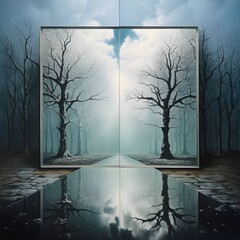 Artistic mirror with clear and distorted reflections symbolizes the contrast between perceived image and hidden reality.