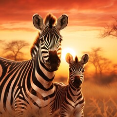 Zebra with foal at sunrise.