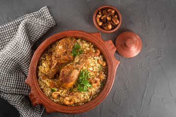 Delicious chicken biryani top view