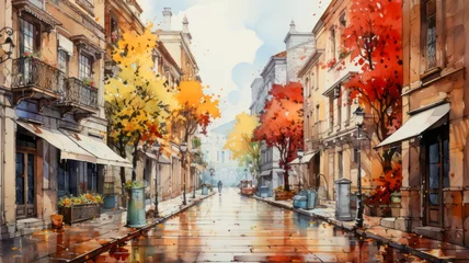 Photo sur Plexiglas Beige Watercolor painting of a city streets in autumn