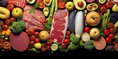 Different types of meats, vegetables, and fruits lay in supermarkets. - obrazy, fototapety, plakaty