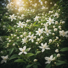 White jasmine flowers bloom in the garden in the middle of a fertile field