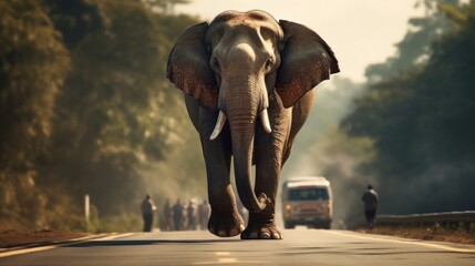 Walking very big Elephant on road.