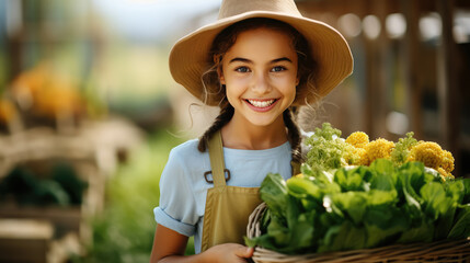 Smiling attractive young female farmer with a basket of fresh vegetables , Farmer showing vegetables freshly harvested from organic farm