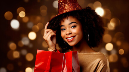 Laughing african american woman with christmas presents after shopping. Ai generated - obrazy, fototapety, plakaty