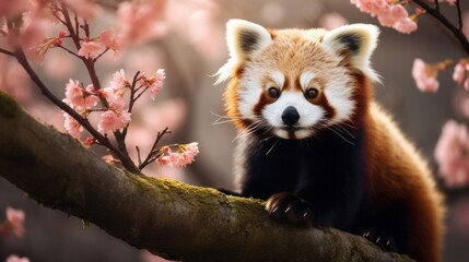 Beautiful red panda sitting on a tree.