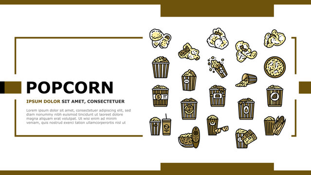 popcorn corn pop cinema landing web page vector. white movie, snack bucket, food sweet, box falling, pile bag, yellow popcorn corn pop cinema Illustration
