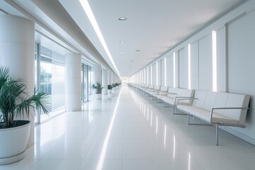 Obraz premium Interior design of a modern luxurious white building corridor or hallway with waiting seat.