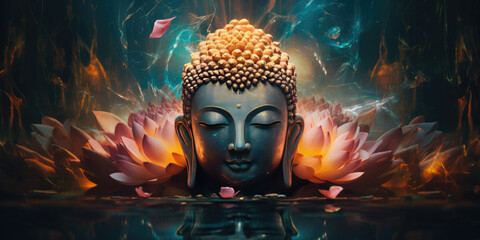 Buddha golden statue decorated with lotus blossoms - obrazy, fototapety, plakaty