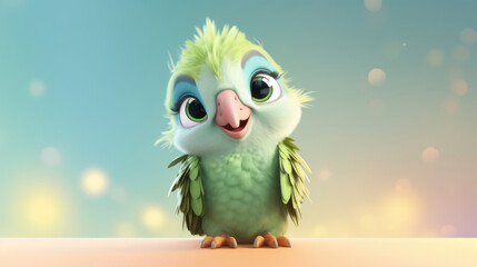 Naklejka premium Realistic 3d render of a happy, furry and cute baby parrot smiling with big eyes looking strainght
