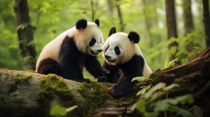 Two funny young pandas playing together. Cute happy panda bears.