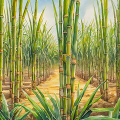 Fototapeta na wymiar Sugar cane stalks with sugar cane plantation background.