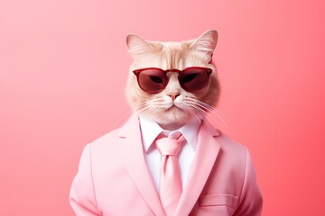 A cat is wearing sunglasses and suit on Pink Background.