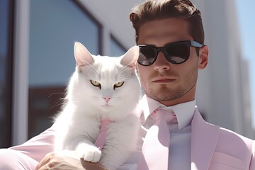 A man with his cat is wearing sunglasses, suit and standing on street. AI Generated