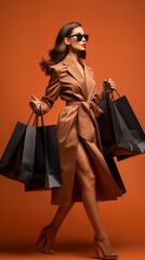 Naklejka premium Beautiful female carrying shopping bags. Beautiful woman with many shopping bags