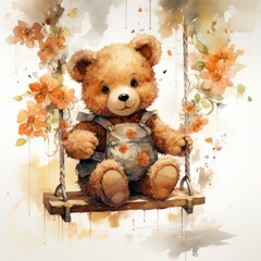 A cute happy teddy bear swings on a tree on a white background.