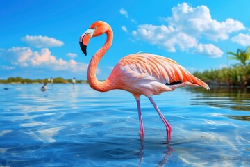 Pink Flamingo in the water.