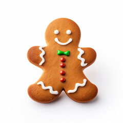 Gingerbread man shaped cookie on isolated white background - ai generative