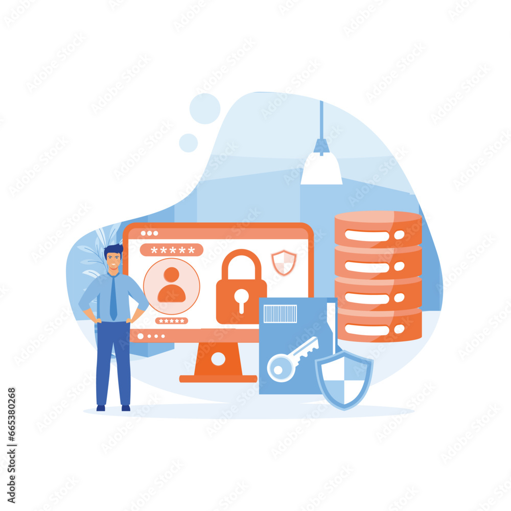 Poster computer security, privacy data protection in internet, virtual private network concept. flat vector