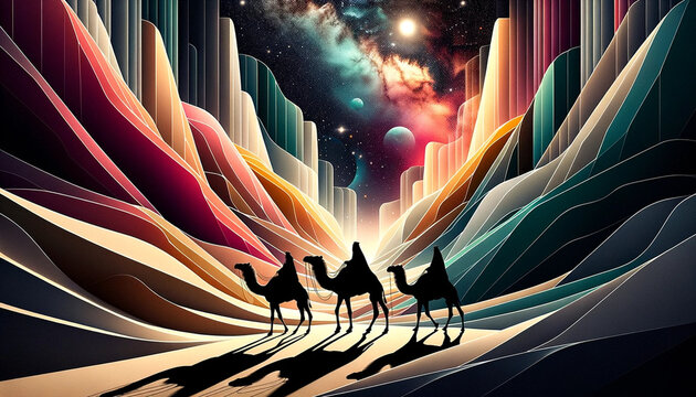 Journey to the Nativity: Three Wise Men Following the Bethlehem Star Through a Kaleidoscope of Abstract Colors