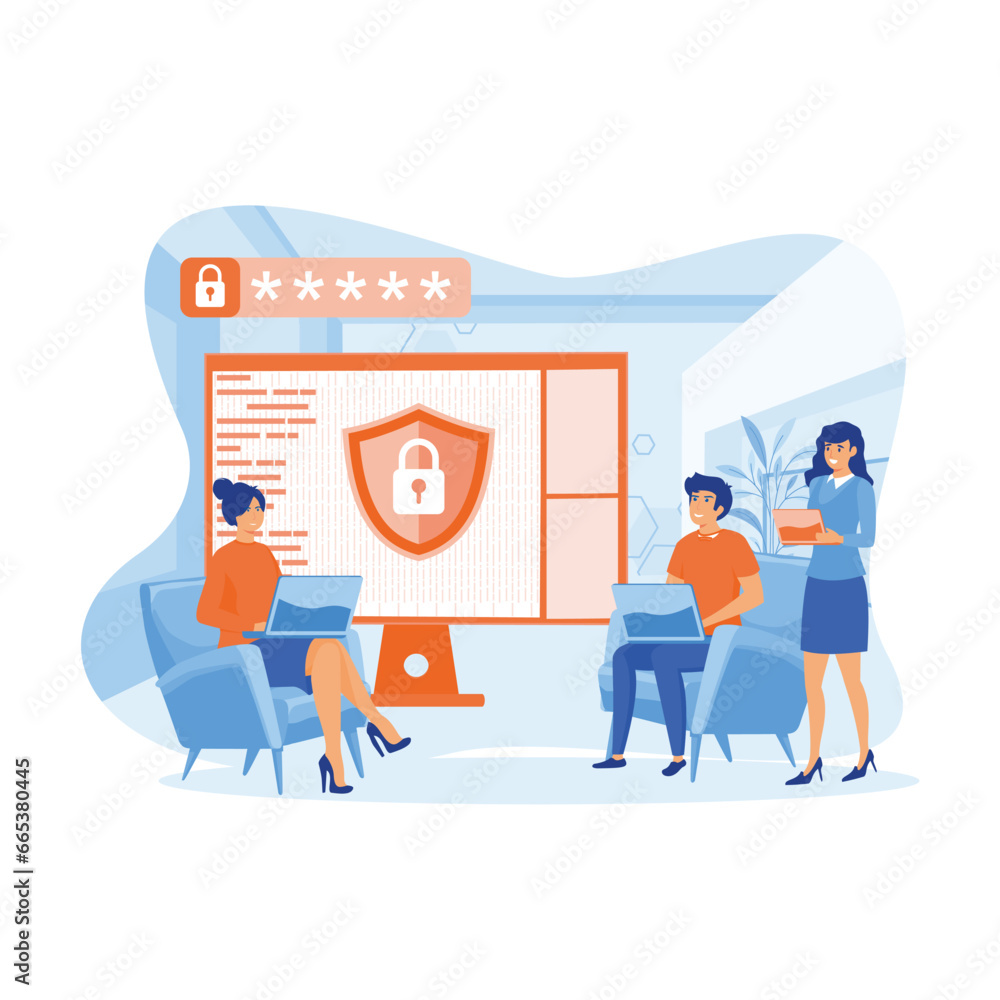 Poster modern flat cartoon design concept of data protection for website and mobile app development. flat v