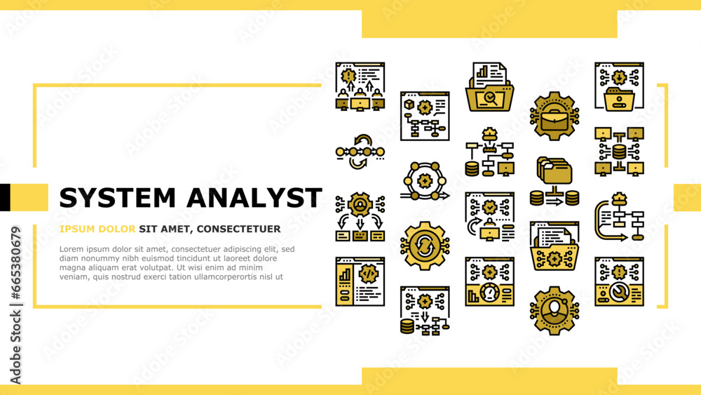 Aufkleber system analyst data landing web page vector. analysis business, computer digital, kpi information, m