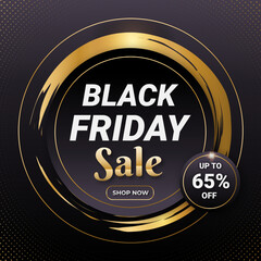 Black Friday Sale With Golden Black Banner With Discount Up to 65% off . Limited Time Only. Vector illustration.