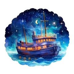 Night sea ship watercolor style for T-shirt design.