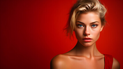 Naklejka premium Blonde Woman with Blue Eyes on Red