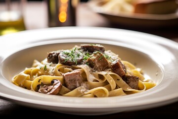 Tagliatelle with sausage and porcini, Pasta with sausage and summer cep mushroom.
