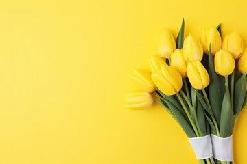 Top view design of holiday greeting tulip flower bouquet on bright yellow Background.