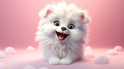 Realistic 3d render of a happy,  furry and cute baby Playful Paws - Fun Pets Embrace the Fashion smiling with big eyes looking strainght