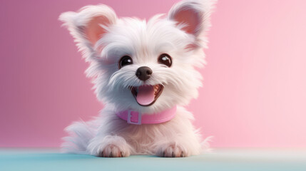 Realistic 3d render of a happy,  furry and cute baby Classy Canines - Fun and Polished Pet Looks smiling with big eyes looking strainght