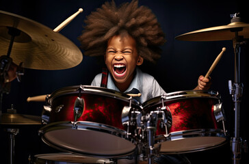 Fototapeta na wymiar A boy is playing drums in the band