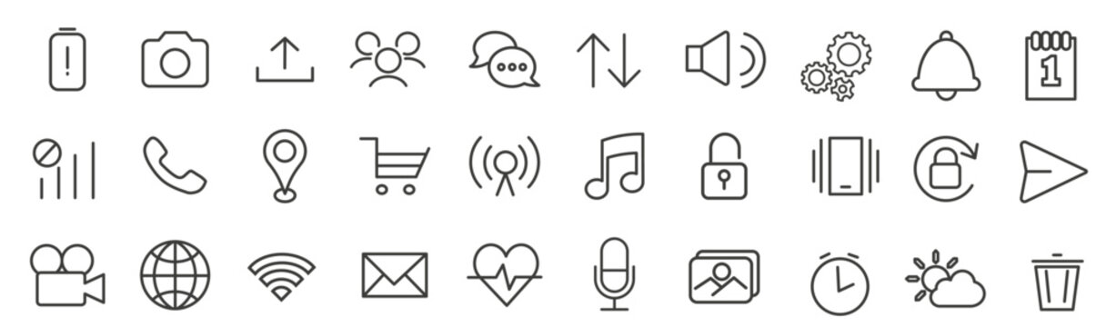Icons are always needed. Music and image settings interface. Set of linear vector icons.