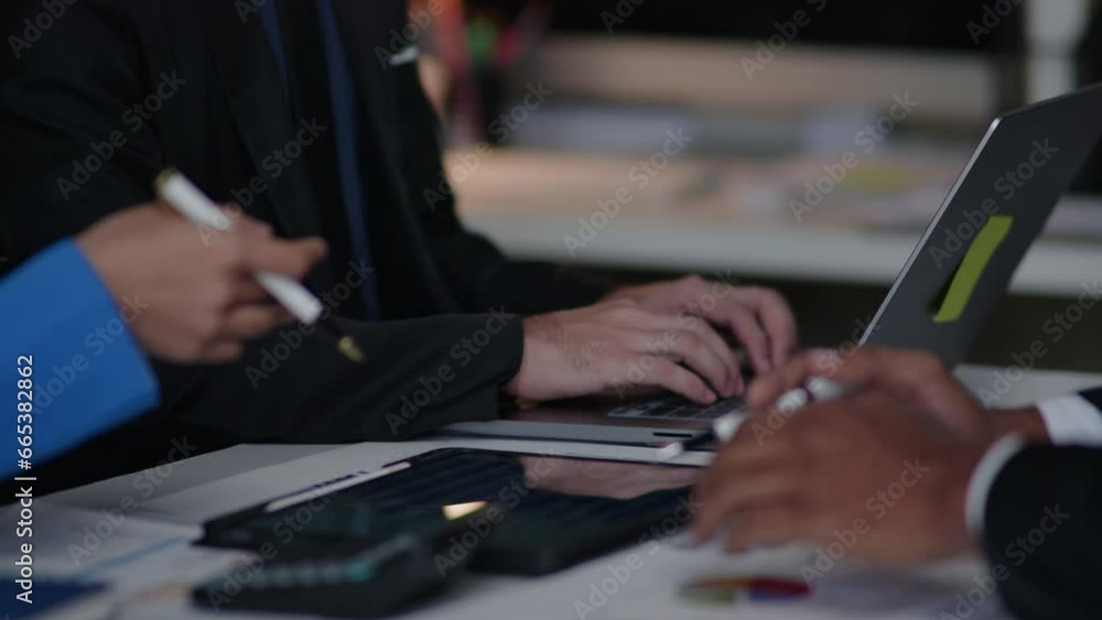 Poster close up of hands teamwork business group are calculate working and brainstorming about business fin