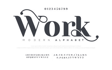 WORK Elegant alphabet letters font and number. Classic Lettering Minimal Fashion Designs. Typography modern serif fonts decorative vintage design concept. vector illustration. - obrazy, fototapety, plakaty