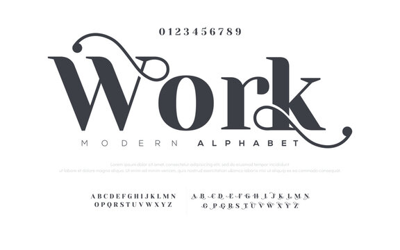 WORK Elegant alphabet letters font and number. Classic Lettering Minimal Fashion Designs. Typography modern serif fonts decorative vintage design concept. vector illustration.