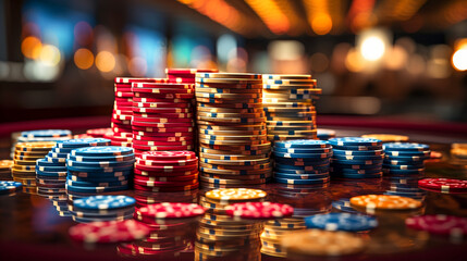 Gaming Chips Pile.  Poker Chips Stacked