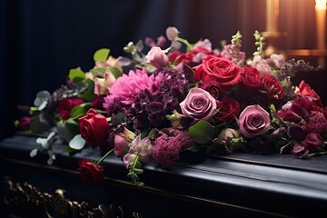 Eternal farewell. Funeral scene with casket and flowers. Mourning in silence. Chapel ceremony. Final journey. Service with roses and candlelight
