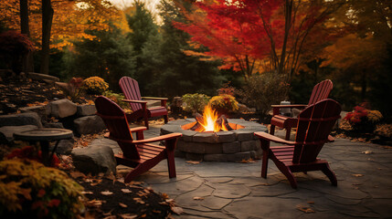 Fototapeta na wymiar Glowing Fire Pit and Lawn Chairs. Relaxing by the Fire Pit on a Chilly Autumn Evening.