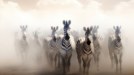 a herd of zebras walking across a desert - obrazy, fototapety, plakaty