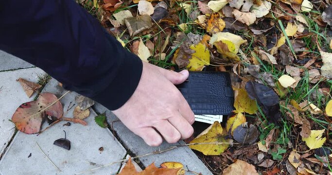 A man finds a wallet with money on the street, a little covered with autumn leaves, picks it up from the ground and keeps it for himself