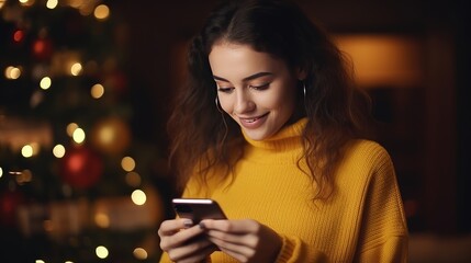 Young woman in yellow sweater orders New Year gifts during Christmas holidays at home using smartphone and credit card