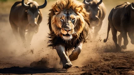 Gordijnen The lion runs after its prey. Wild Africa. Serengeti National Park in Tanzania. © Zahid