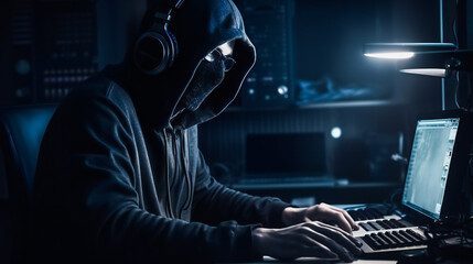 Hacker sitting in the dark at the computer. AI Generated