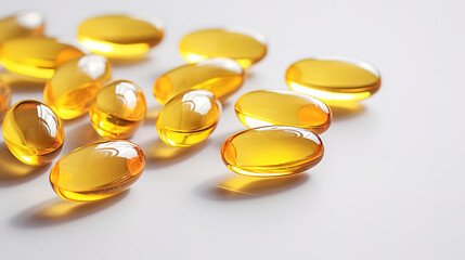 Transparent yellow vitamins on a light background. Vitamin D, omega 3, omega 6, Food supplement oil filled fish oil, vitamin A, vitamin E, flaxseed oil.