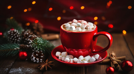Obraz na płótnie Canvas Red cup of hot cocoa with marshmallows on a wooden table with Christmas spices