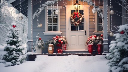 A snow-covered house on the street decorated with New Year's toys for Christmas.
